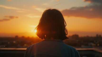 A woman looks out at the horizon from a rooftop back facing the camera. The serene sunset reflects the sense of calm and closure . . - obrazy, fototapety, plakaty
