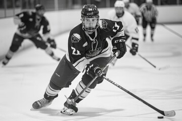 A hockey player maneuvering the puck with finesse, weaving through defenders with skillful agility. - obrazy, fototapety, plakaty