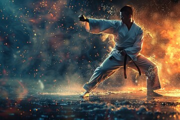 A martial artist delivering a powerful kick, displaying speed, strength, and technique. - obrazy, fototapety, plakaty