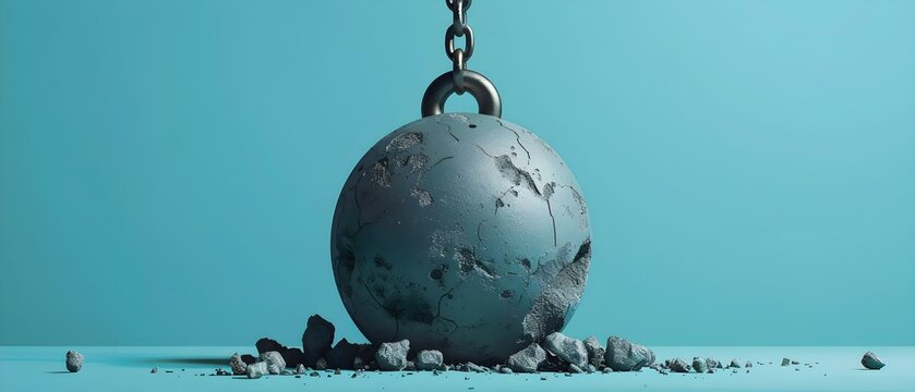 3D illustration of a wrecking ball labeled Opioid Addiction symbolizing the destructive impact of addiction on life. Concept 3D illustration, Wrecking Ball, Opioid Addiction, Destructive Impact