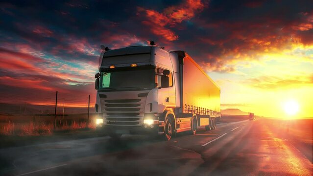 Container truck on the road at sunset. Transportation and logistics concept. 3d render looping video