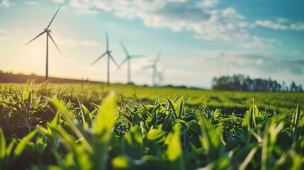 Vibrant green crops sway in a field next to a sustainable wind farm showcasing the potential for green technology to positively impact . . - obrazy, fototapety, plakaty