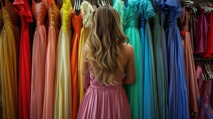 Naklejka premium A girl with long flowing hair browsing through a rack of vibrant dresses AI generated illustration