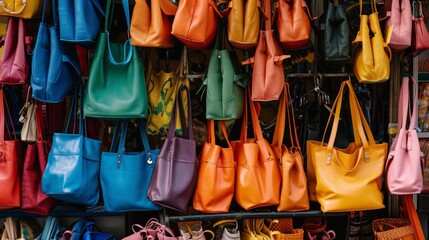 A joyful array of hanging bags in various hues  AI generated illustration - obrazy, fototapety, plakaty