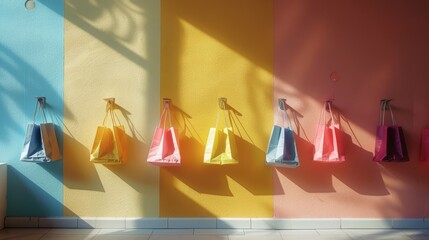 A playful arrangement of shopping bags on a wall  AI generated illustration