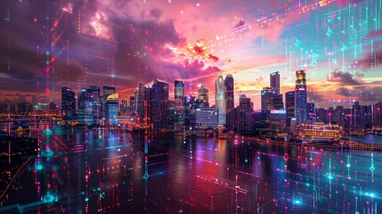 A city skyline transformed into a digital canvas thr  AI generated illustration - obrazy, fototapety, plakaty