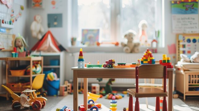 A childs desk surrounded by toys in a blurred kinder  AI generated illustration