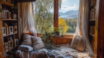 A cozy reading nook with a view of the mountains  AI generated illustration