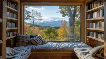 A cozy reading nook with a view of the mountains AI generated illustration - obrazy, fototapety, plakaty