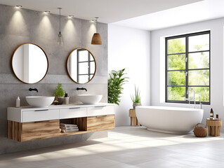 Fototapeta na wymiar Realistic interior mockup bathroom ceramic sink basin or wash basin with mirror and faucet. modern minimal design. Generative AI