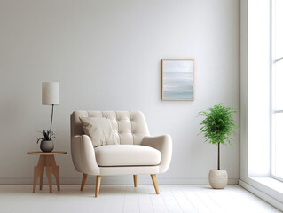 Interior living room with chair and decorations. Scandinavian design. Generative AI.