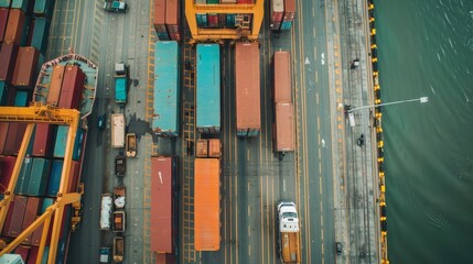 A fleet of trucks transporting goods to a shipping p  AI generated illustration - obrazy, fototapety, plakaty