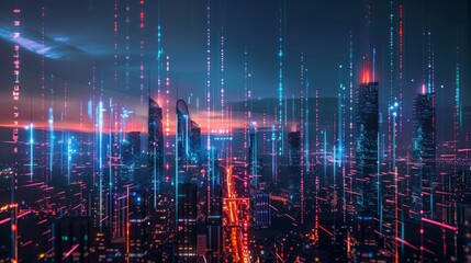 A futuristic city skyline illuminated with digital d AI generated illustration