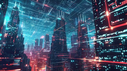 A futuristic cityscape with buildings glowing with d  AI generated illustration