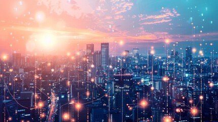 Fototapeta premium A futuristic cityscape bathed in the glow of data co AI generated illustration