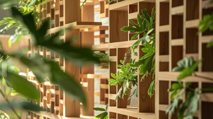 A closeup of a leafy green plant emphasizing the intricate patterns and details of nature. The wooden podium shelves serve as a reminder . . - obrazy, fototapety, plakaty