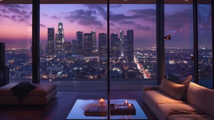 luxury apartment with a night view of the city at sunset in the United States in high resolution - obrazy, fototapety, plakaty