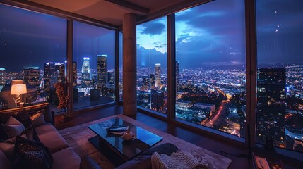beautiful view of downtown Los Angeles from an apartment - obrazy, fototapety, plakaty