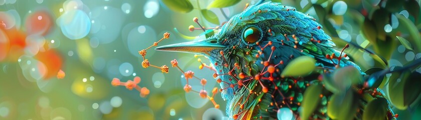 Bird constructed from molecular kit, vivid detail, top view, natural light, science meets nature