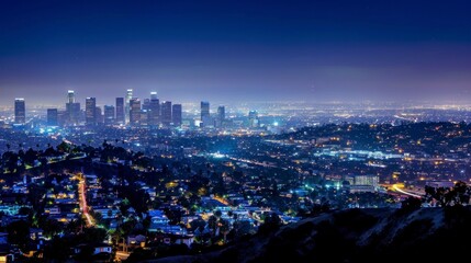 view of the city of Los Angeles at night from a high hill overlooking downtown