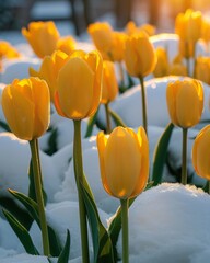Obraz premium Bright gold tulips, snow blanket, high angle, sunrise, vibrant contrast, silent perseverance