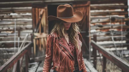 Fotobehang A cowgirl in a fringed leather jacket strides across the wooden planks cowboy hat pulled down low hiding face from view. . . © Justlight