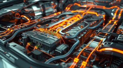 3D animation of electric automobile battery internals, , Generative Ai