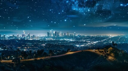 view of the city of Los Angeles at night from a high hill overlooking the city center in high resolution and quality