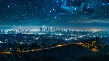 Naklejka premium view of the city of Los Angeles at night from a high hill overlooking the city center in high resolution and quality