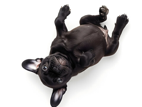Cute and adorable black french bulldog lying on his back on white background, top view photograph.