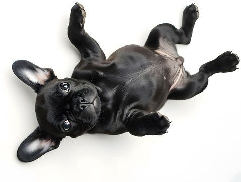 Cute and adorable black french bulldog lying on his back on white background, top view photograph.