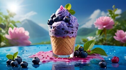 ice cream with blueberries, ice cream blueberries with nature background, ice cream purple tone