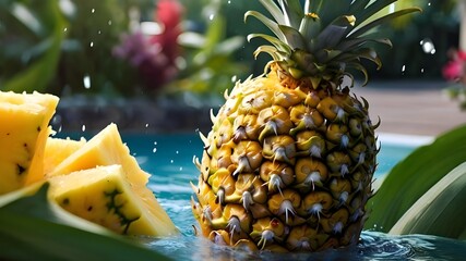 Pineapple on beach and table, ripe, juicy, tropical fruit isolated Sweet, fresh, healthy, green with yellow Exotic, tasty, natural ananas with leaf, vitamin, juice - obrazy, fototapety, plakaty