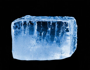 Chrystal clear frosty textured natural ice block in cold light blue tones, isolated on black