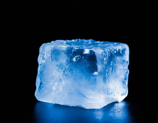 Chrystal clear frosty textured natural ice block in cold light blue tones, isolated on black