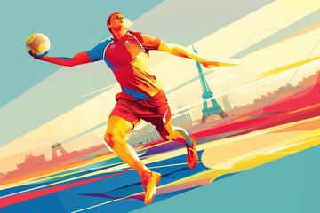 The Summer Olympic Games in Paris with Eiffel Tower background. Handball player sport. Modern art Grainy gradients.. Generative AI