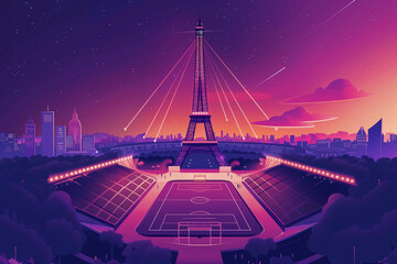 The Summer Olympic Games in Paris with Eiffel Tower background. Modern art Grainy gradients.. Generative AI - obrazy, fototapety, plakaty
