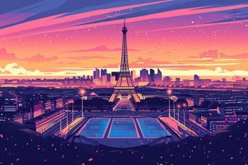 The Summer Olympic Games in Paris with Eiffel Tower background. Modern art Grainy gradients.. Generative AI