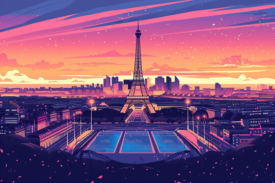 The Summer Olympic Games in Paris with Eiffel Tower background. Modern art Grainy gradients.. Generative AI