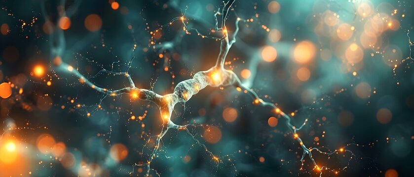 Close-up of synaptic connections in the brain demonstrating signal transmission for learning and thought formation. Concept Neuroscience Research, Synaptic Connections, Brain Activity