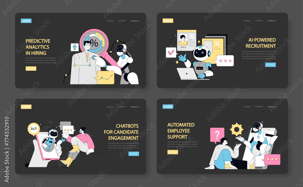 Poster hr automation set. implementing predictive analytics in hiring, utilizing ai in recruitment, deployi