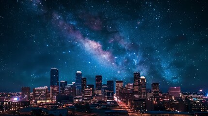 beautiful view of the city of Los Angeles at starry night with tall buildings with lights - obrazy, fototapety, plakaty