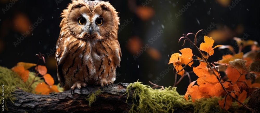 Poster An owl with feathers drenched in rainwater is sitting on a tree branch surrounded by wet leaves during a rainy day in the forest