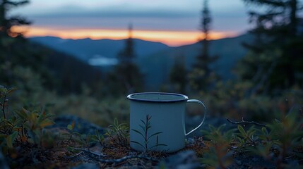 Obraz premium A white enamel mug resting on top of a grass-covered field with scattered pine foliage