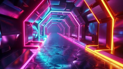 Realistic photo of a 3D-rendered hexagon tunnel, colorful and immersive, high-res UHD