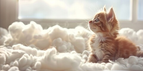 An adorable kitten is sitting comfortably in a fluffy pile of cotton - obrazy, fototapety, plakaty