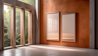 Picture frames in an elegant modern empty room on textured terracotta wall.