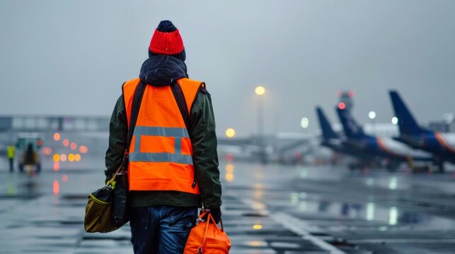 A man wearing an orange vest is walking on a large airport runway, carrying out his duties as a ramp agent