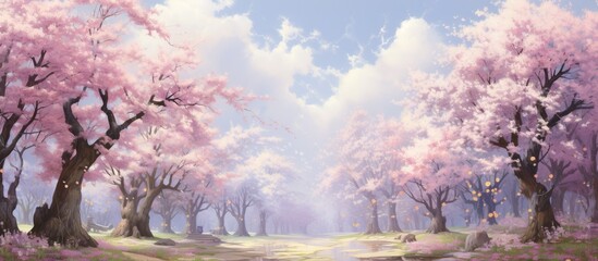 A serene painting depicting a winding path cutting through a dense forest filled with pink trees and lush greenery