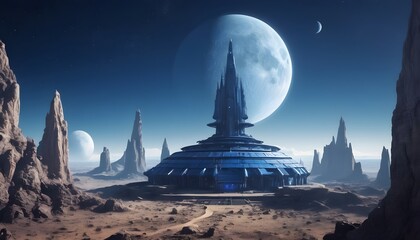 distant view of a large round indigo temple in the center of a futuristic community. Extraterrestrial landscape. Planet SIRIUS. The moon and stars can be seen in the sky even during the day. - obrazy, fototapety, plakaty